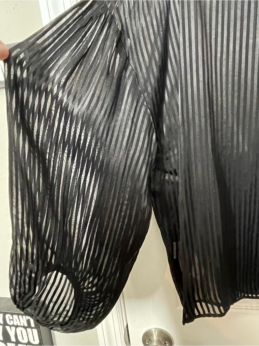 Addition Elle Black Sheer Striped Tie-Neck Blouse - Picture 8 of 15